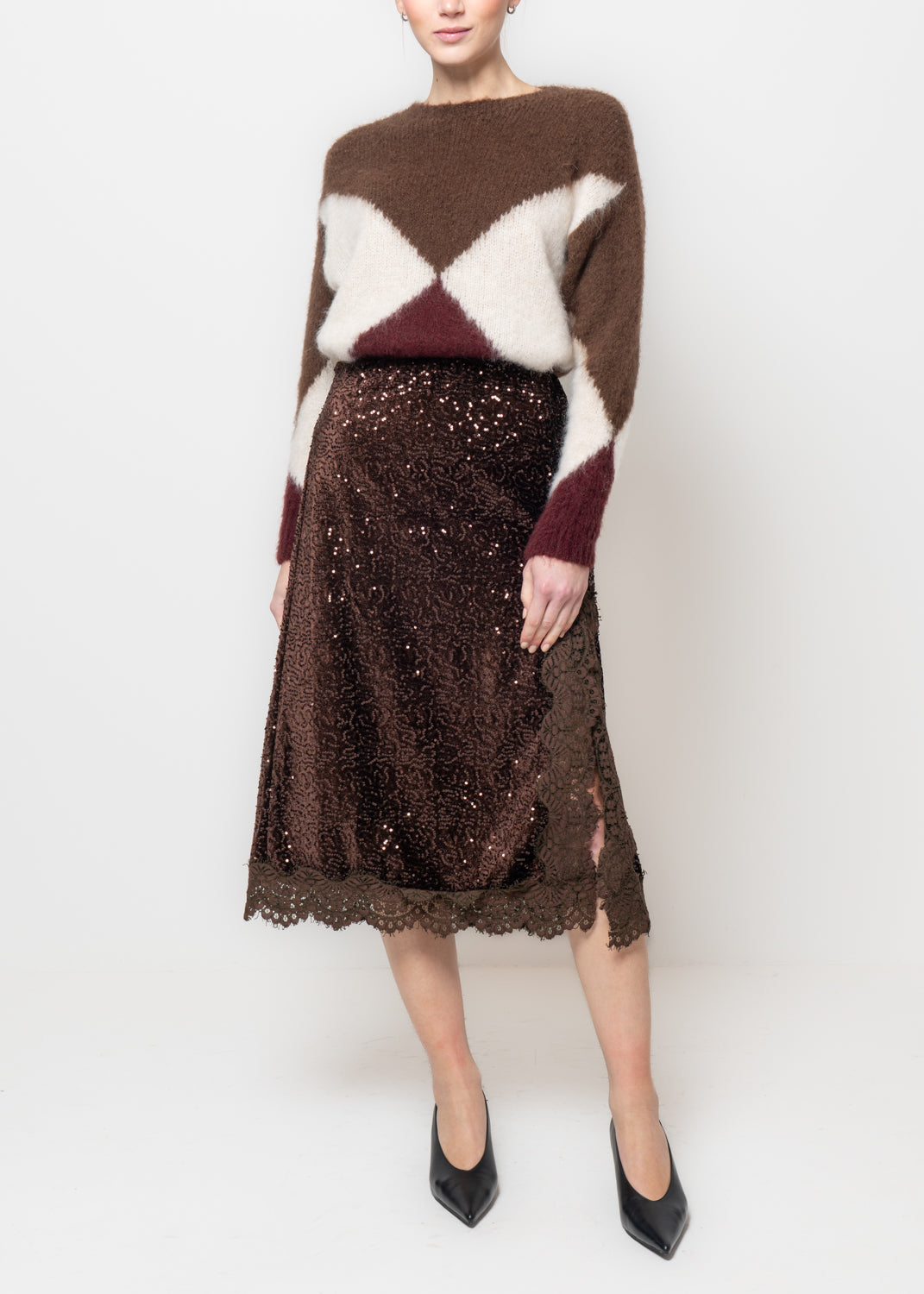Gonna midi in paillettes e ciniglia