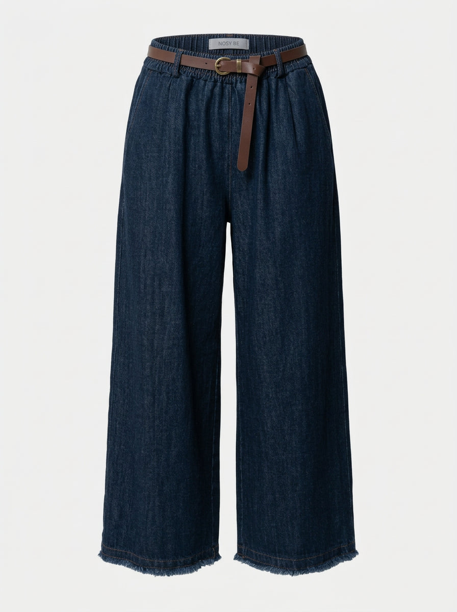 Pantalone a Palazzo in Denim con Cintura