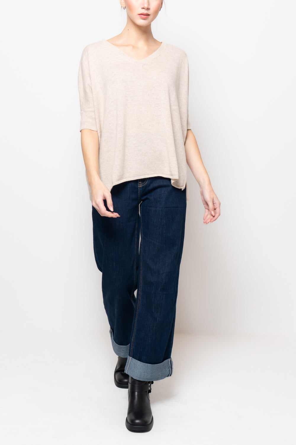 Maglia misto cashmere manica corta scollo V