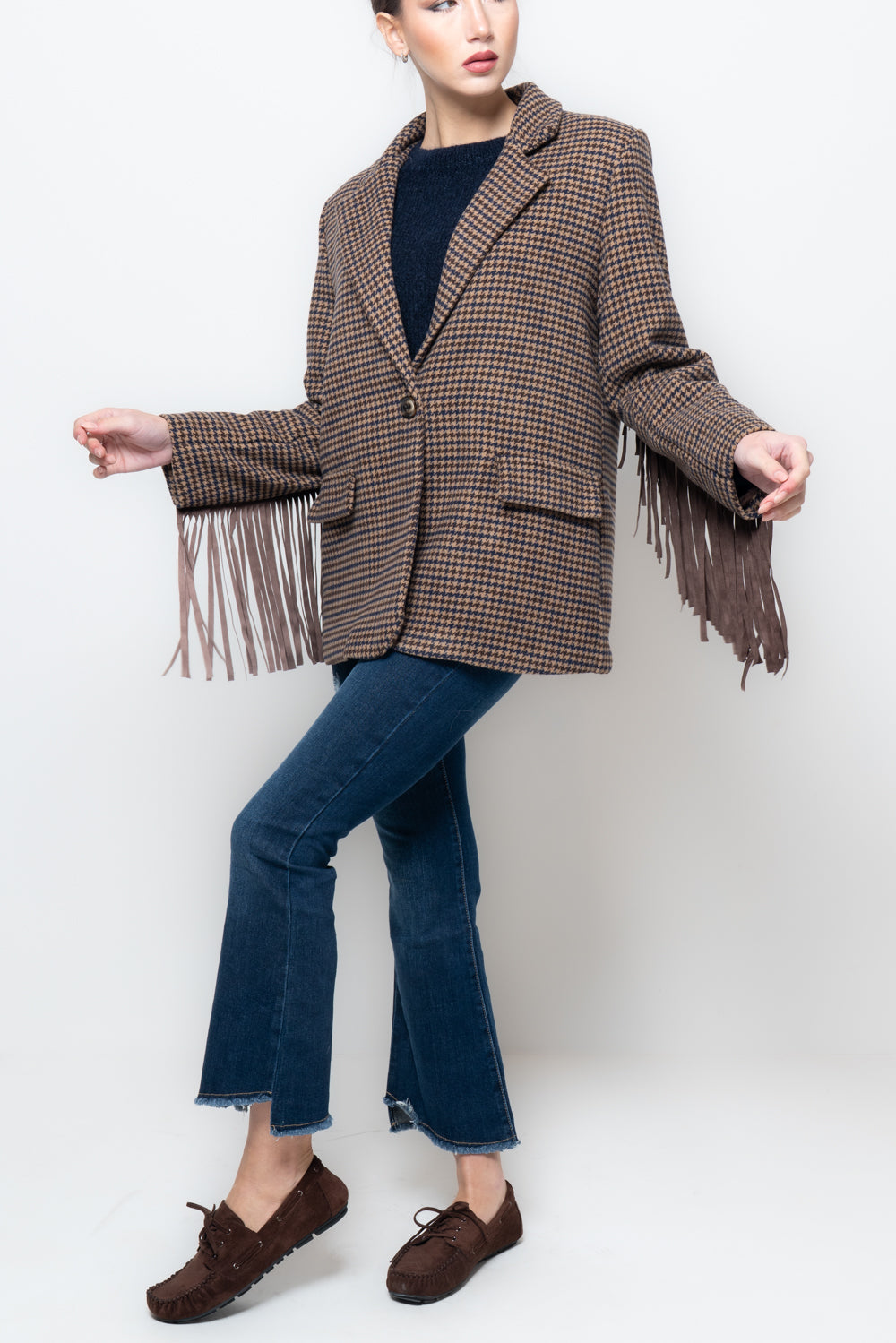 Giacca pied de poule con frange