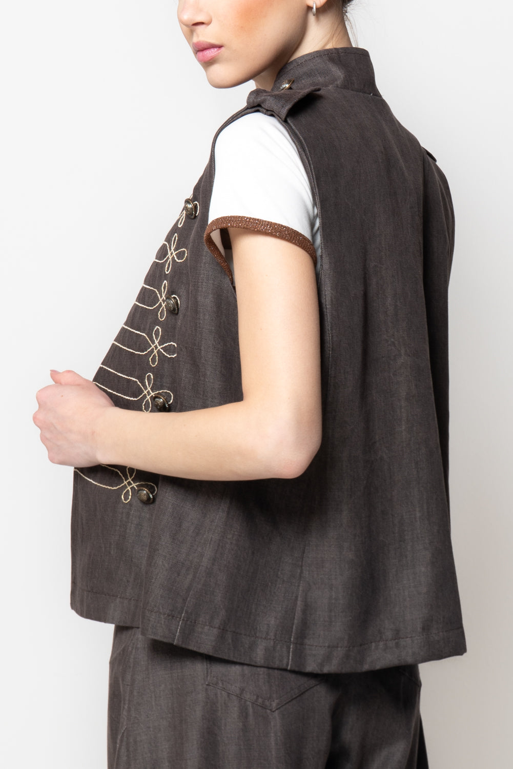 Gilet in Denim Stile Militare con Alamari