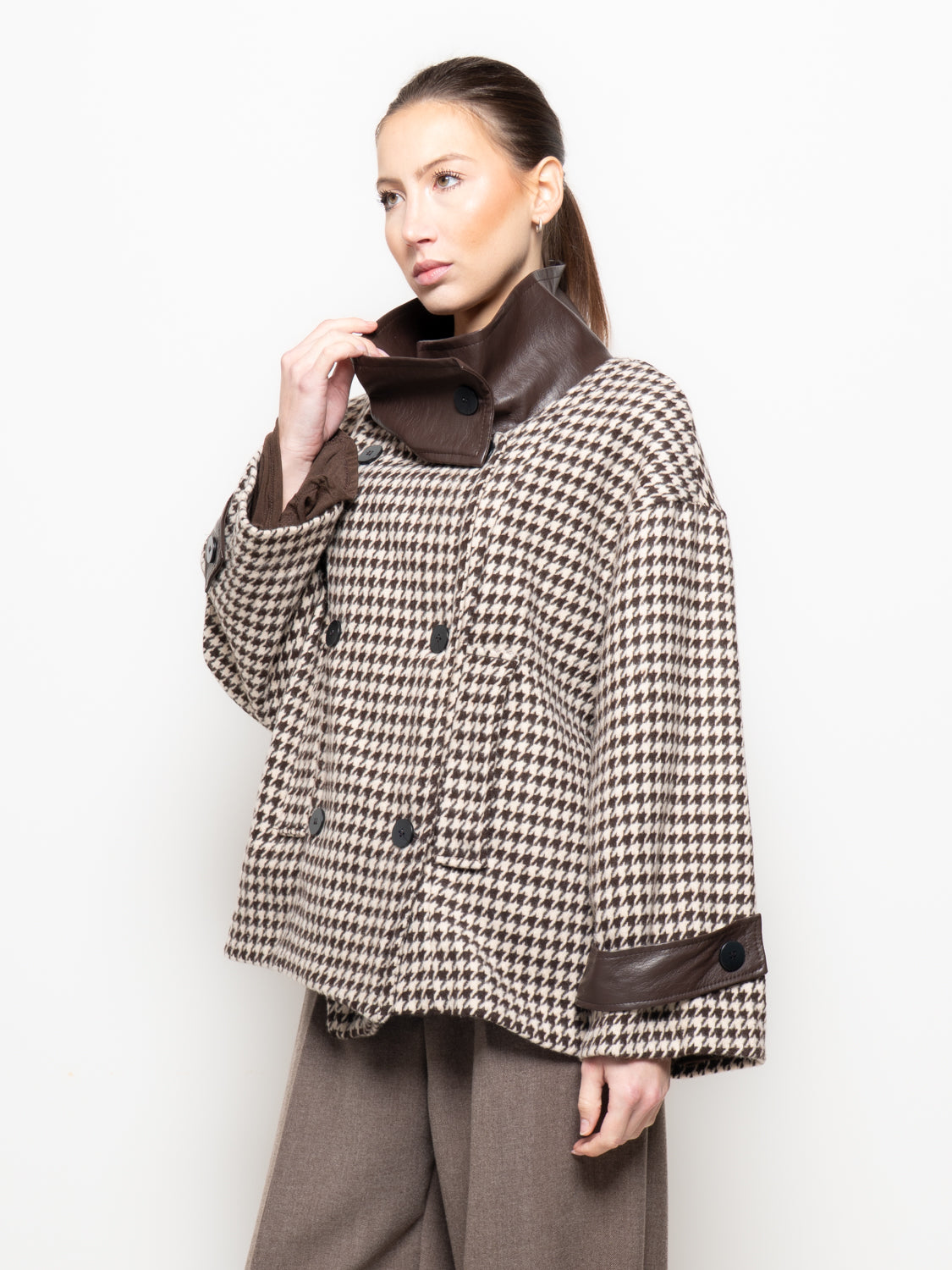 Giacca pied-de-poule con dettagli in similpelle