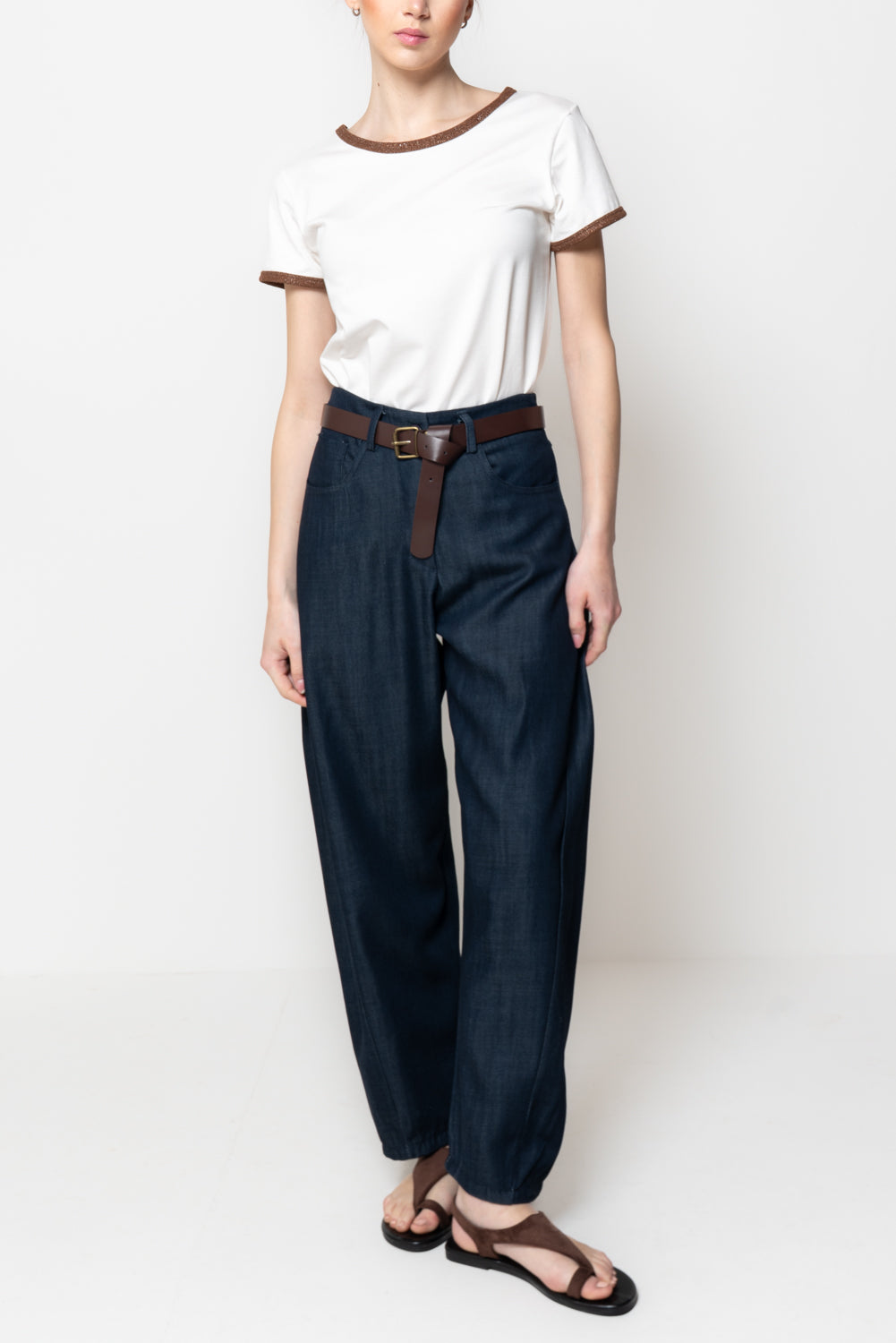 Pantalone Barrel in Denim Leggero con Cintura