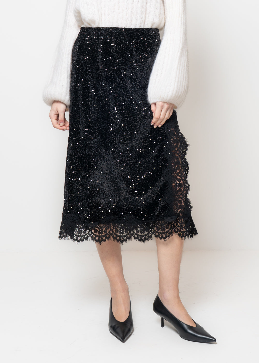 Gonna midi in paillettes e ciniglia