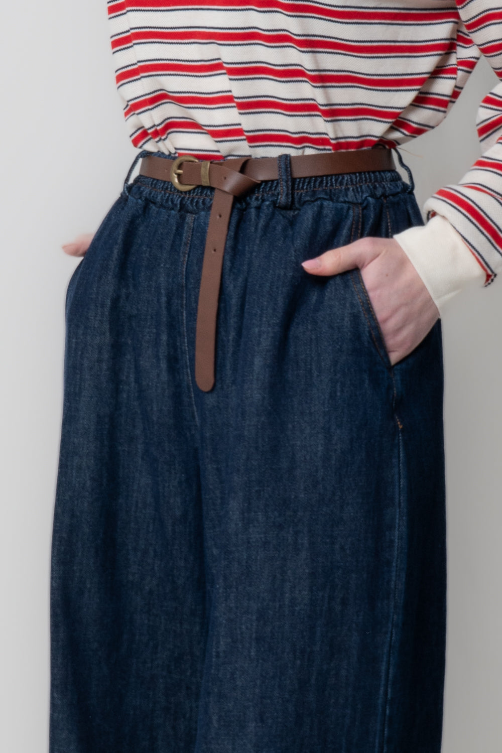 Pantalone a Palazzo in Denim con Cintura