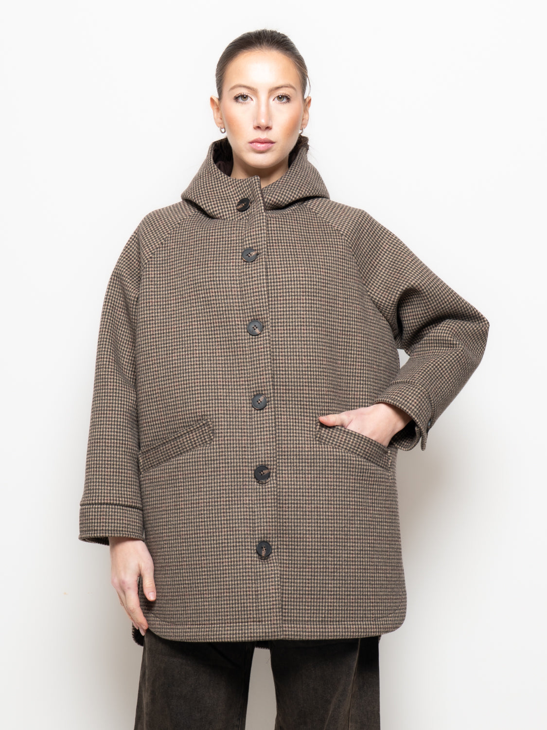 Giacca con cappuccio motivo pied-de-poule