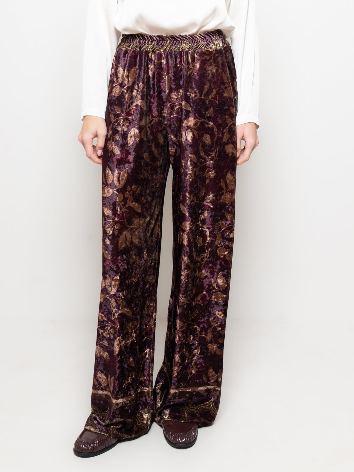 Pantalone in velluto stampa floreale con vita arricciata
