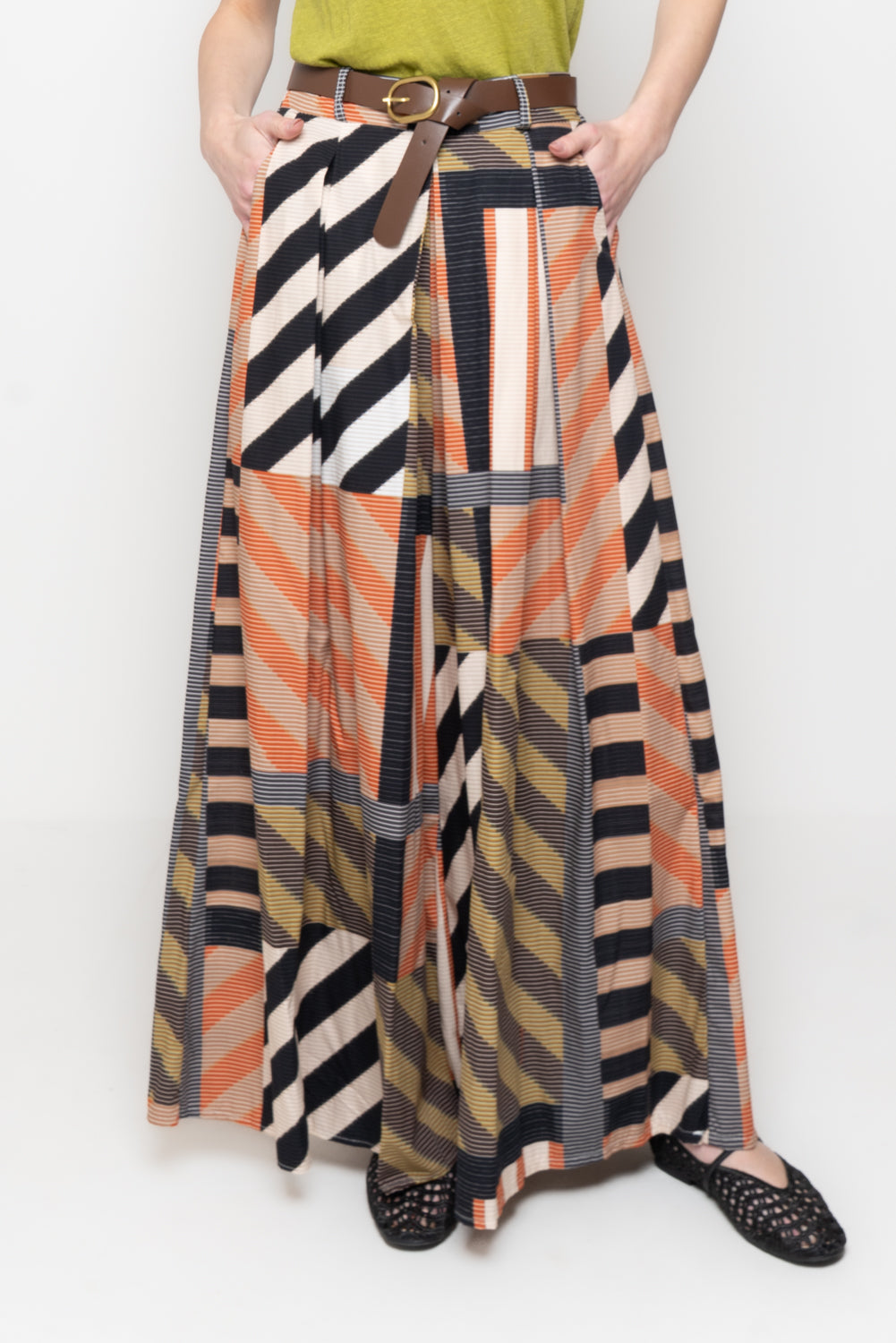 Pantaloni Palazzo a Fantasia Geometrica con Cintura