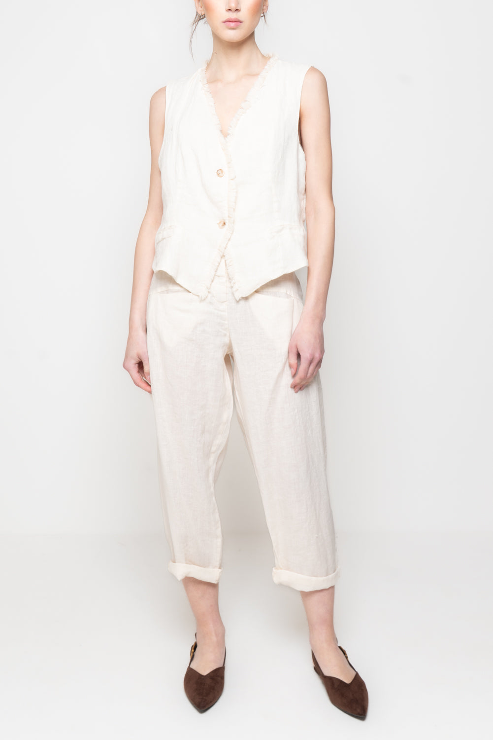 Gilet in 100% Lino con bordi sfrangiati