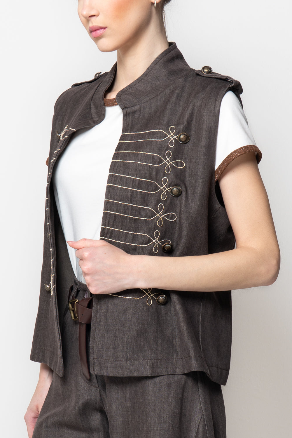 Gilet in Denim Stile Militare con Alamari