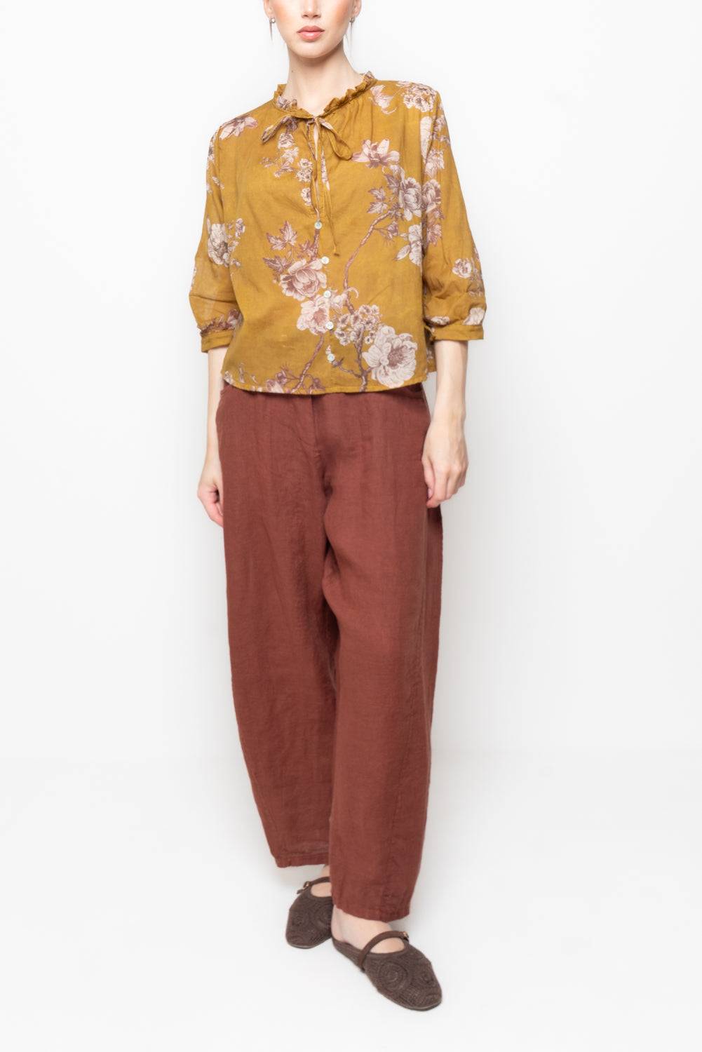 Camicia Fantasia Floreale con Scollo Arricciato