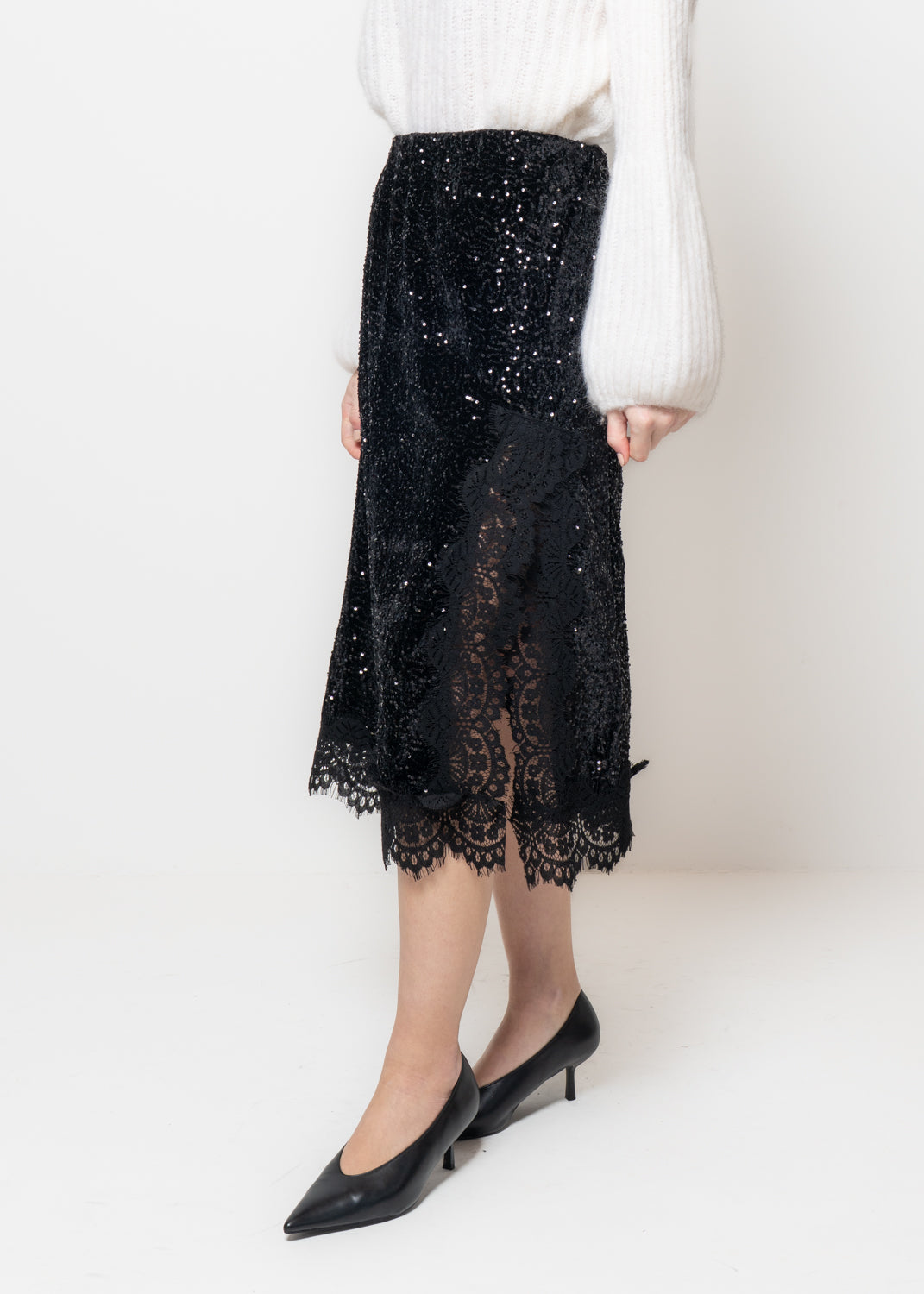 Gonna midi in paillettes e ciniglia