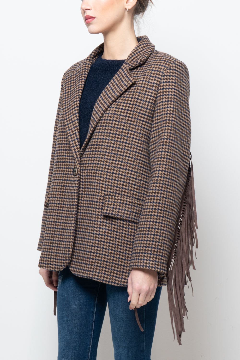 Giacca pied de poule con frange