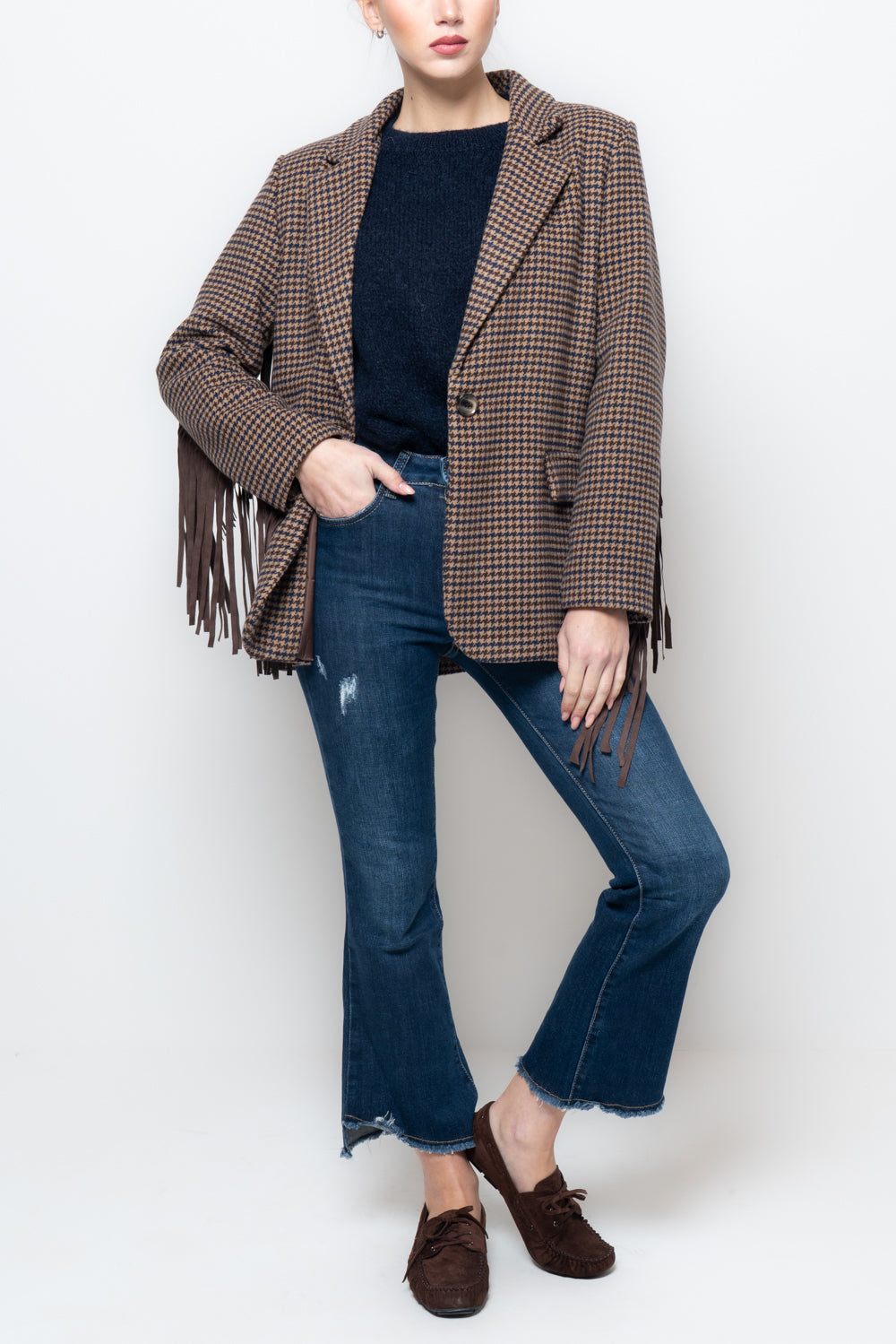 Giacca pied de poule con frange