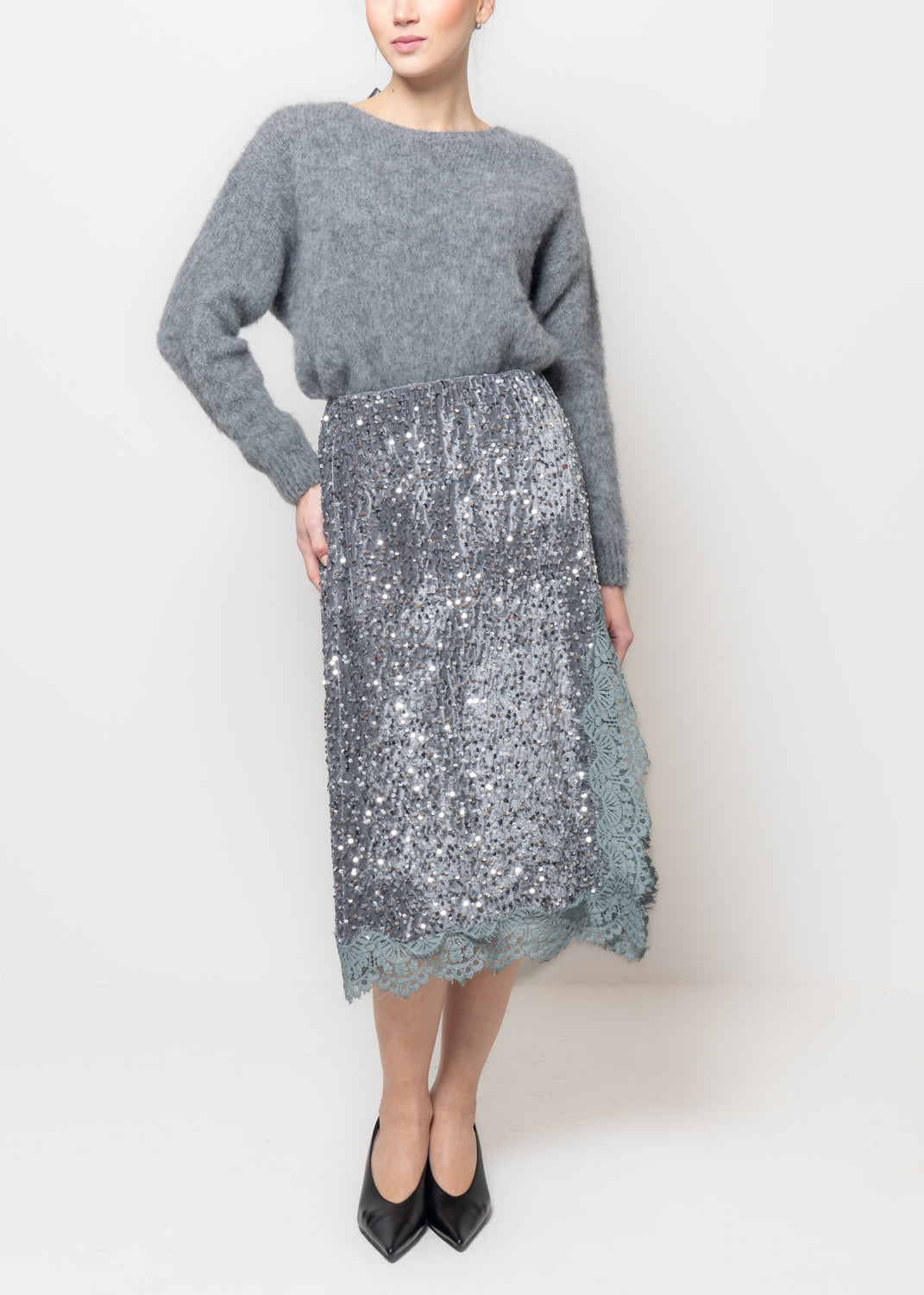 Gonna midi in paillettes e ciniglia