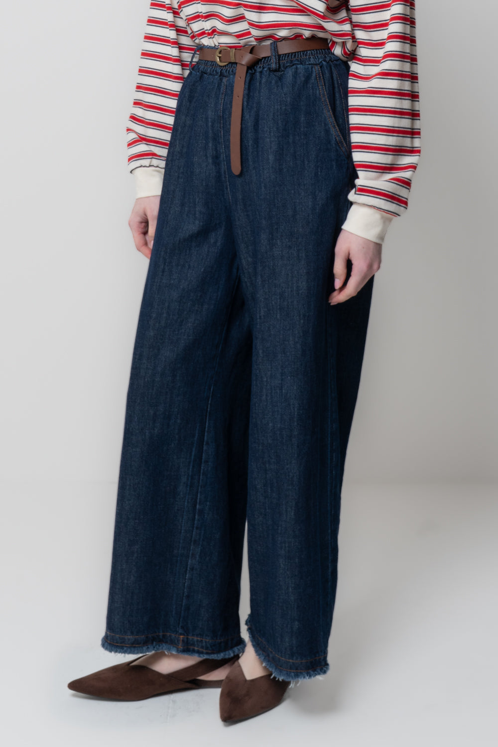 Pantalone a Palazzo in Denim con Cintura