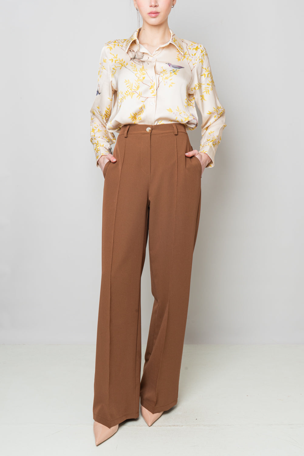 Pantalone palazzo con piega -Tabacco
