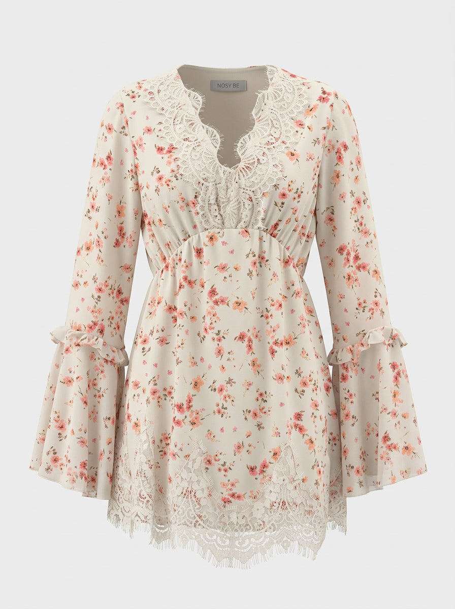 Abito Mini Floreale con Scollo in Pizzo