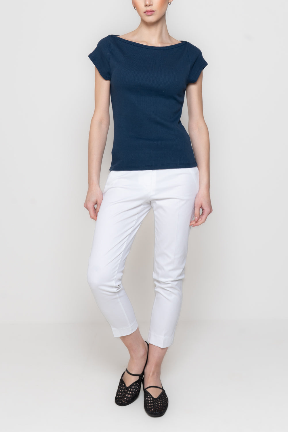 T-shirt a Costine con Scollo a Barca