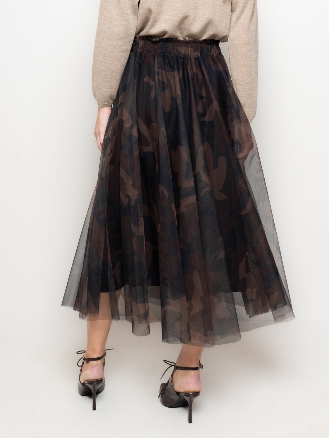 Gonna midi in tulle stampa camouflage