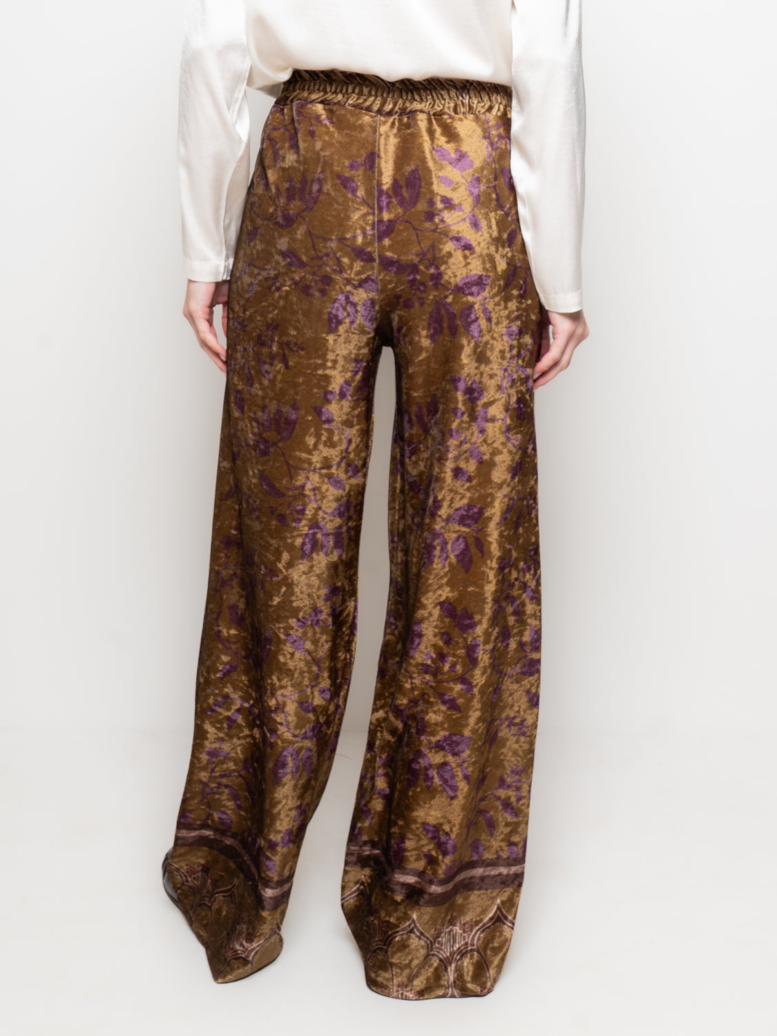 Pantalone in velluto stampa floreale con vita arricciata