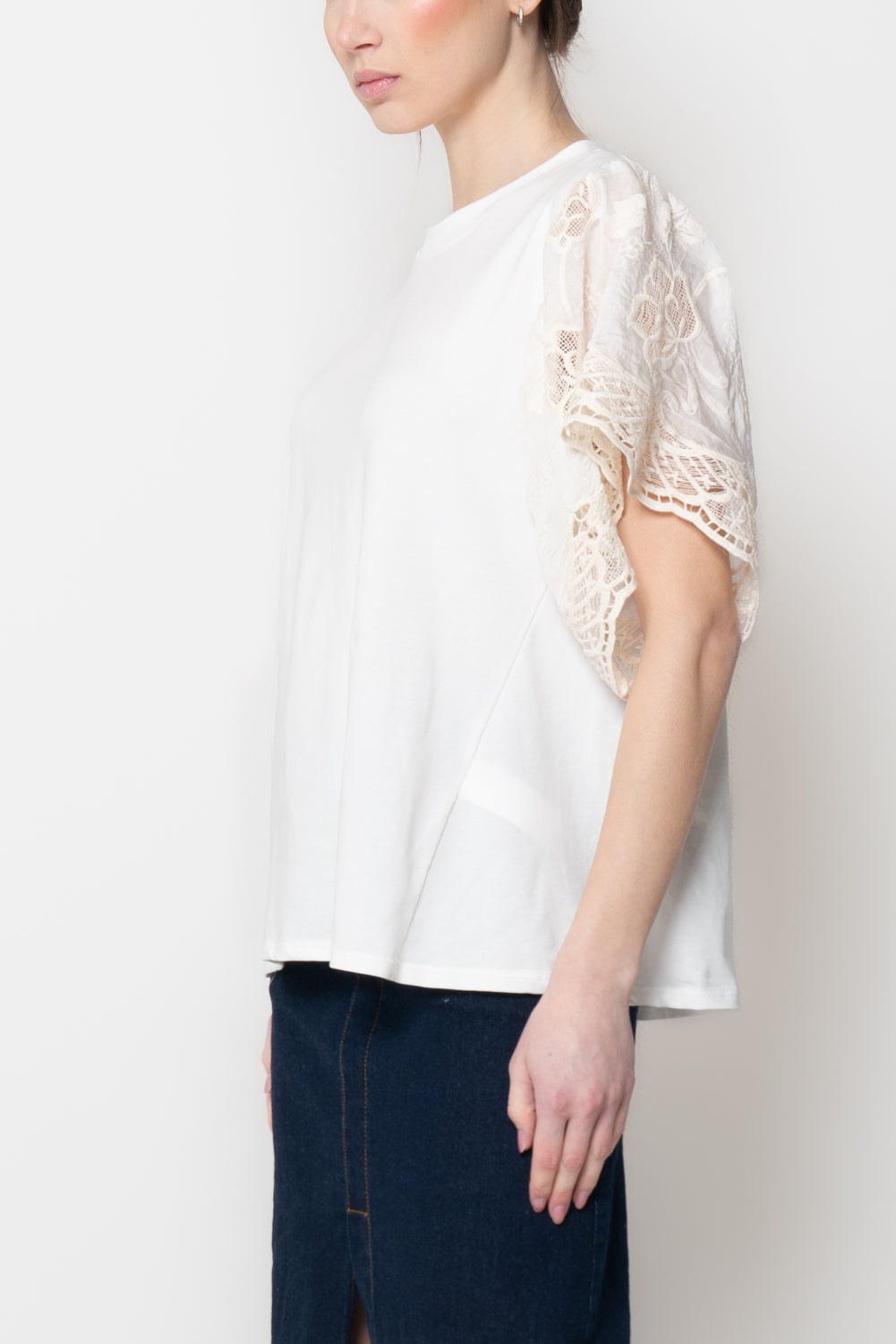 T-shirt con Maniche in Pizzo Sangallo