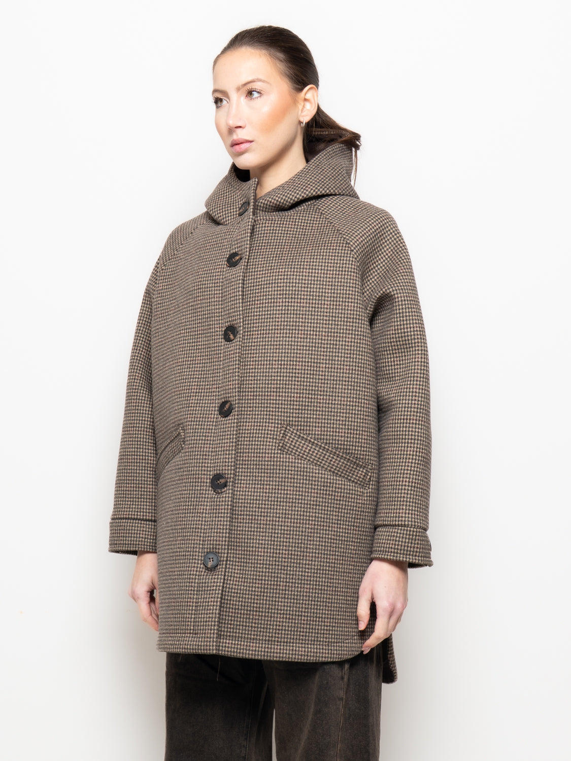 Giacca con cappuccio motivo pied-de-poule