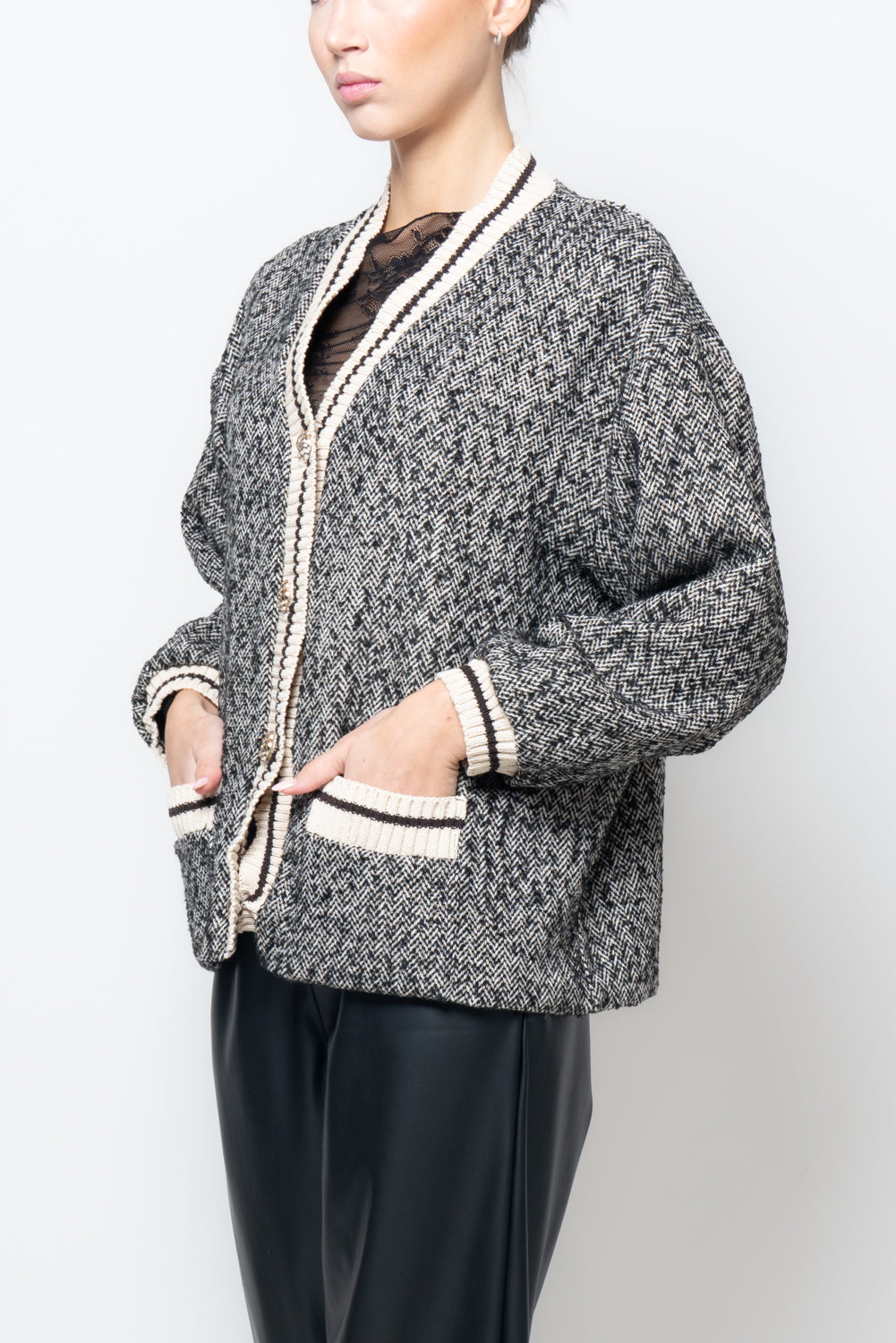 Giacca a cardigan in tessuto spigato