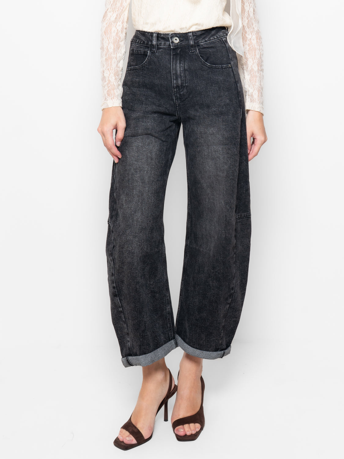 Jeans barrel in denim grigio
