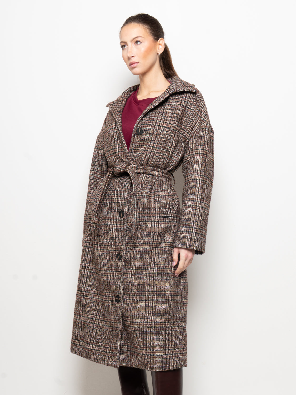 Cappotto check a quadri con cintura