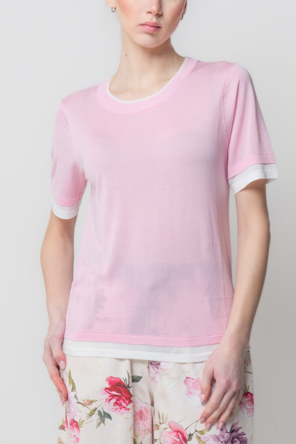 T-shirt in Maglia con Profili a Contrasto