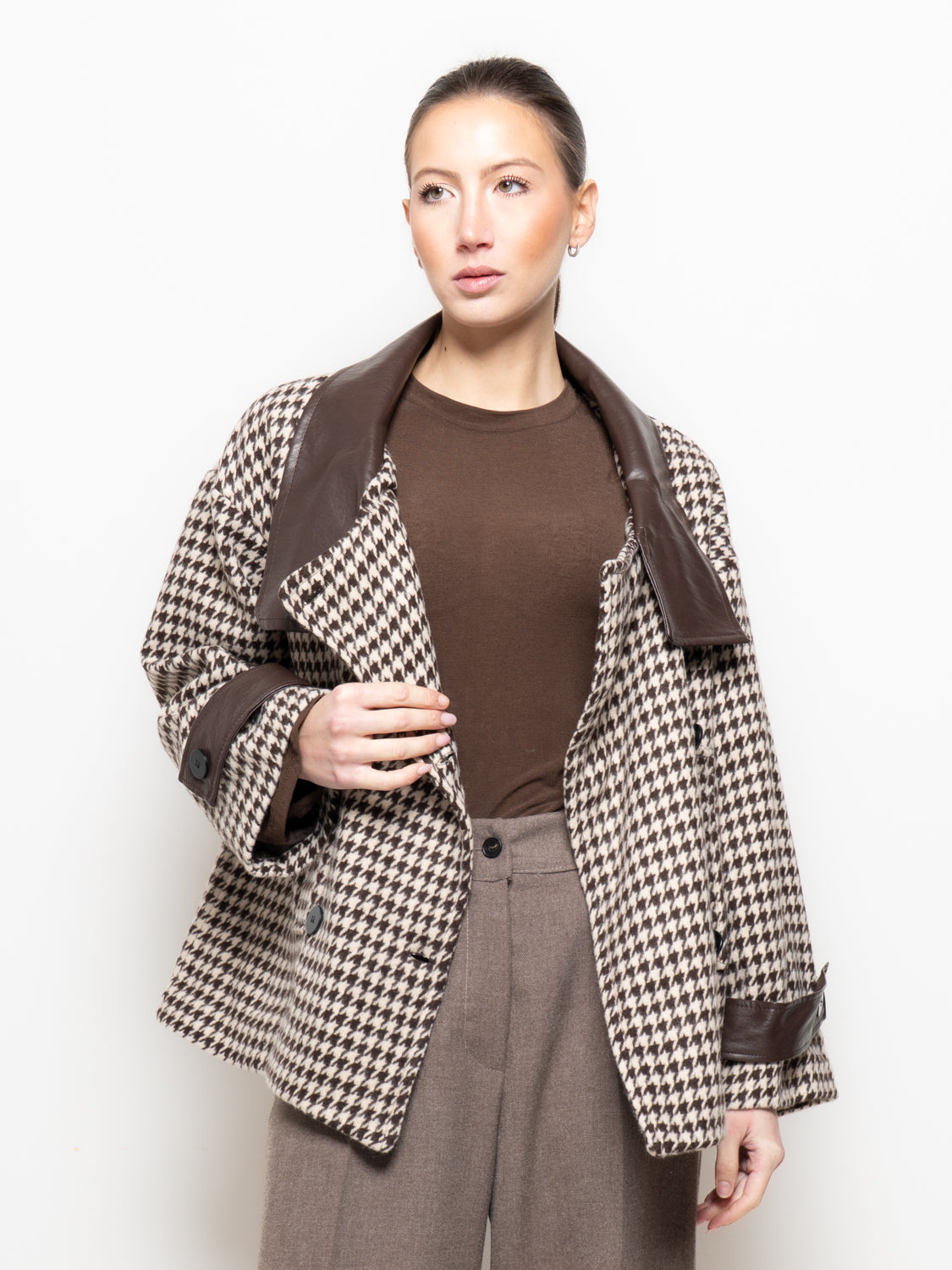 Giacca pied-de-poule con dettagli in similpelle