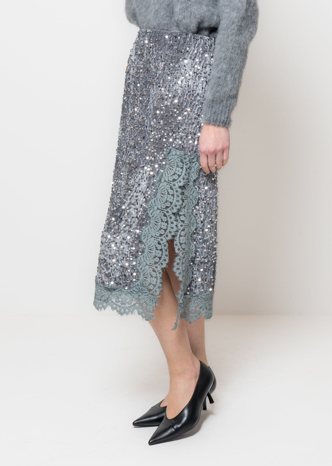 Gonna midi in paillettes e ciniglia