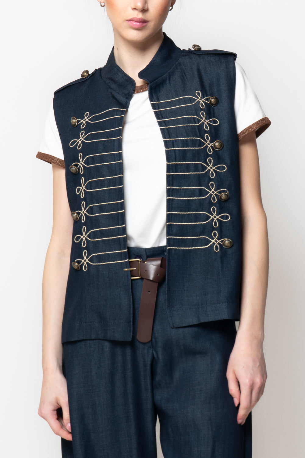Gilet in Denim Stile Militare con Alamari