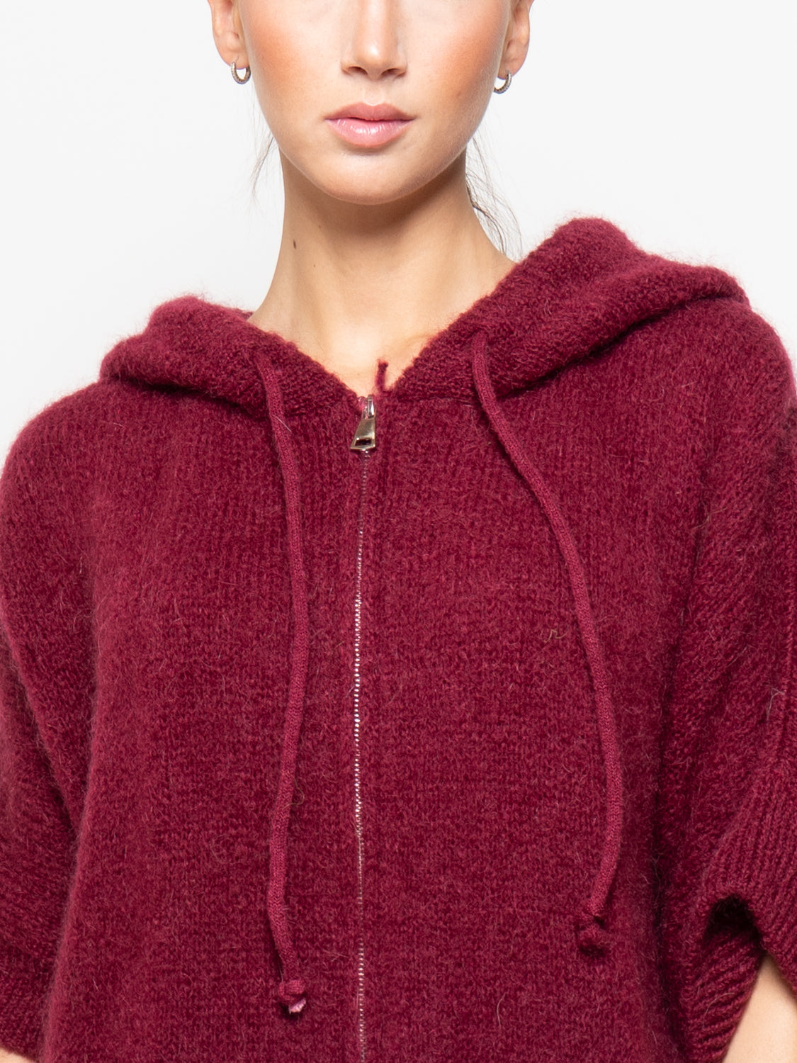 Cardigan con cappuccio in maglia mohair e zip