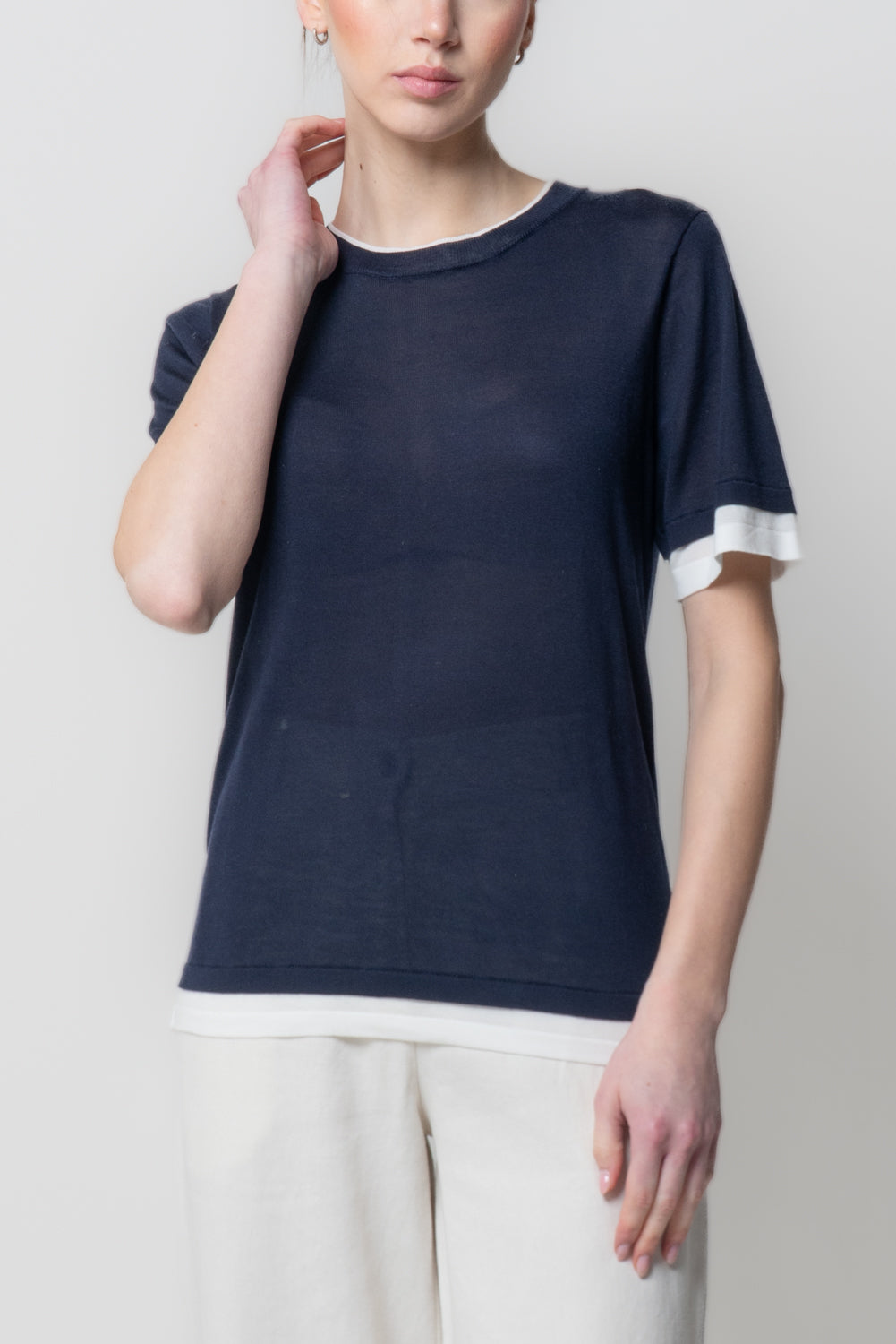 T-shirt in Maglia con Profili a Contrasto