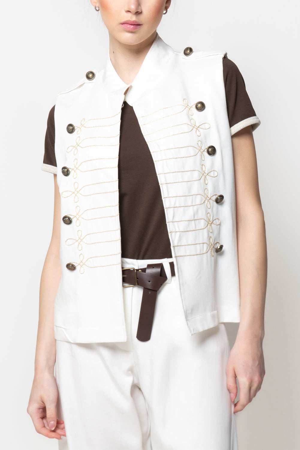 Gilet in Denim Stile Militare con Alamari