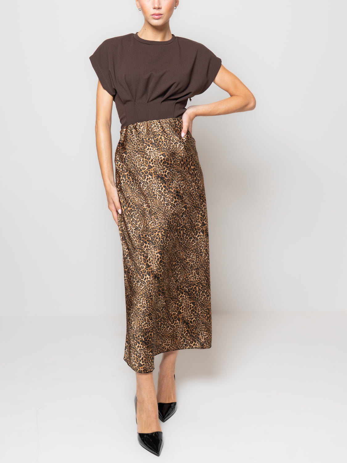 Gonna in satin lunga leopardata