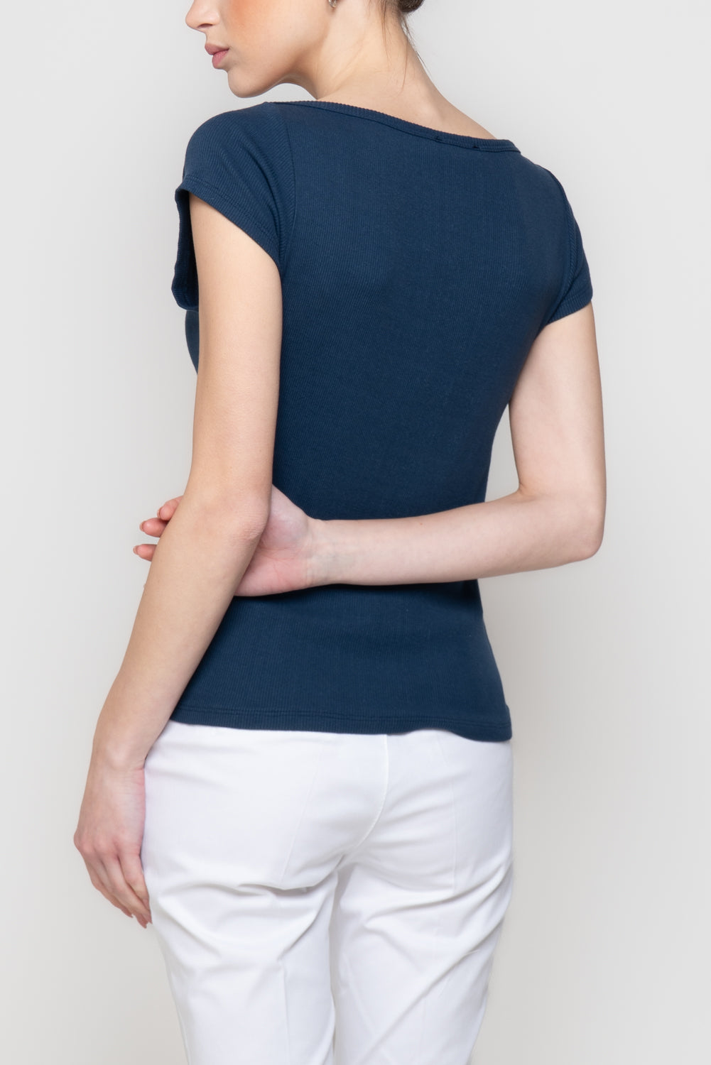 T-shirt a Costine con Scollo a Barca