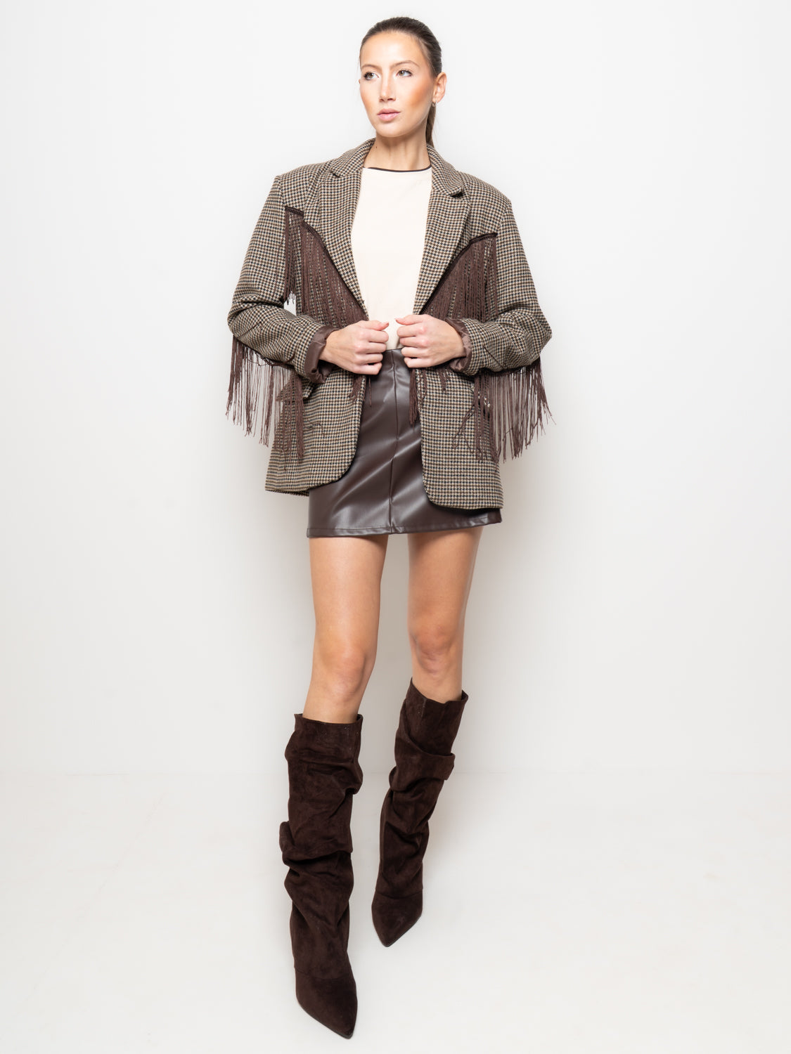 Blazer in pied de poule con frange