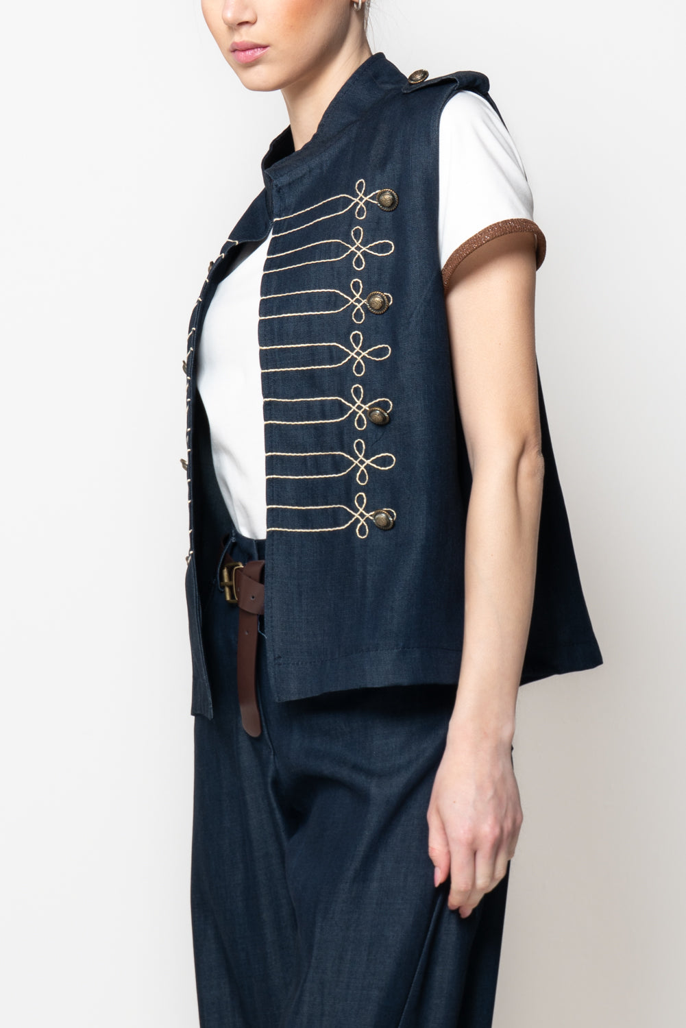 Gilet in Denim Stile Militare con Alamari