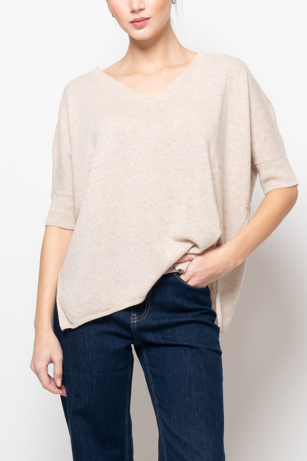 Maglia misto cashmere manica corta scollo V