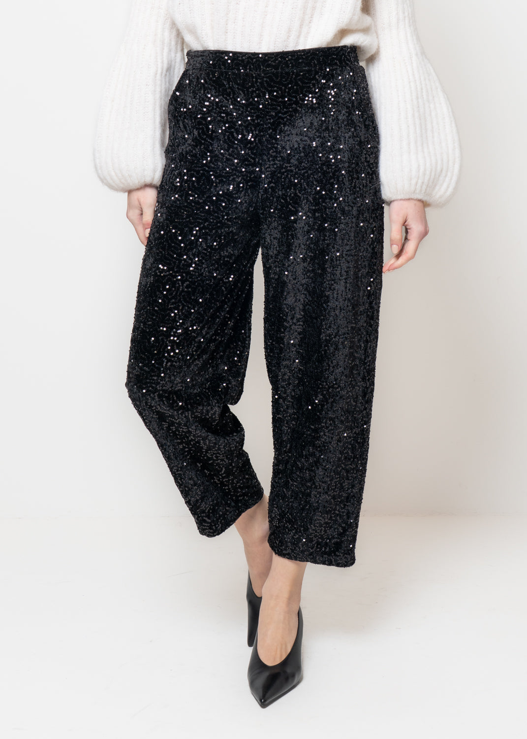 Pantaloni barrel in paillettes e ciniglia