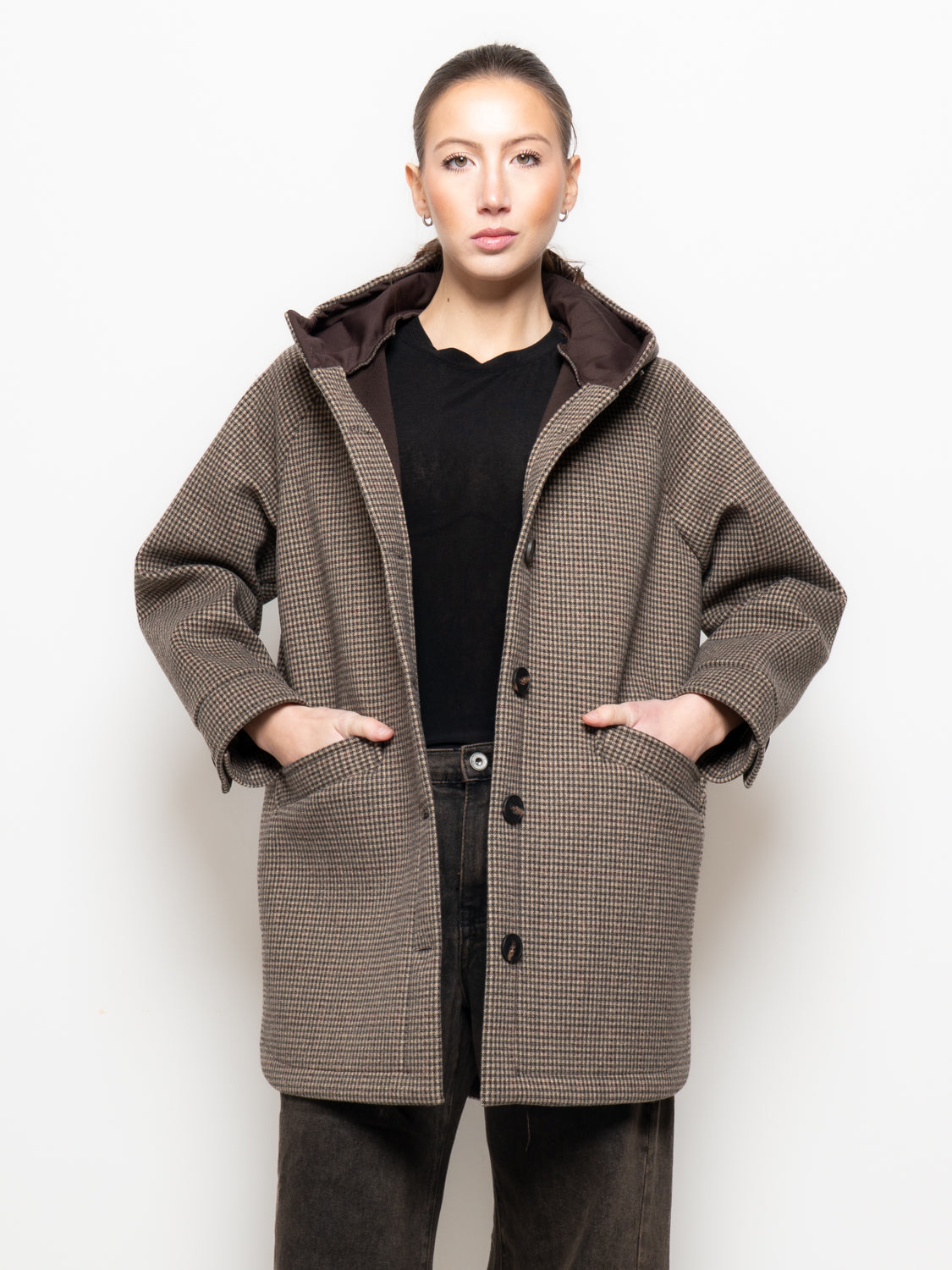 Giacca con cappuccio motivo pied-de-poule