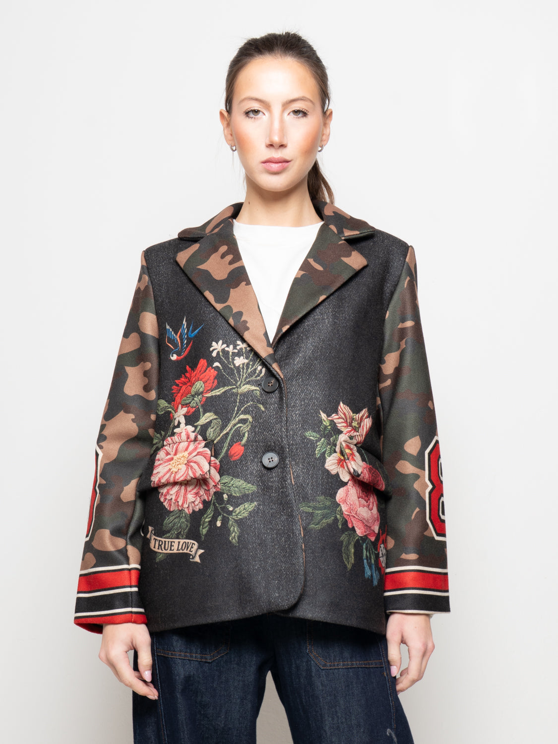 Giacca fantasia patchwork a motivo stampato