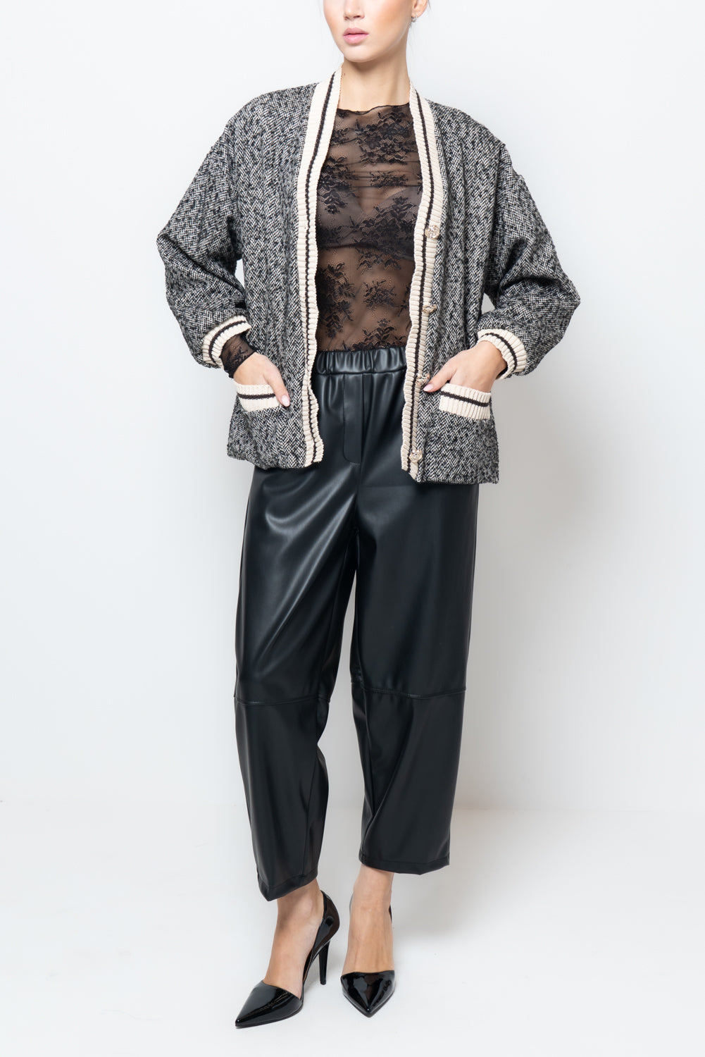 Giacca a cardigan in tessuto spigato