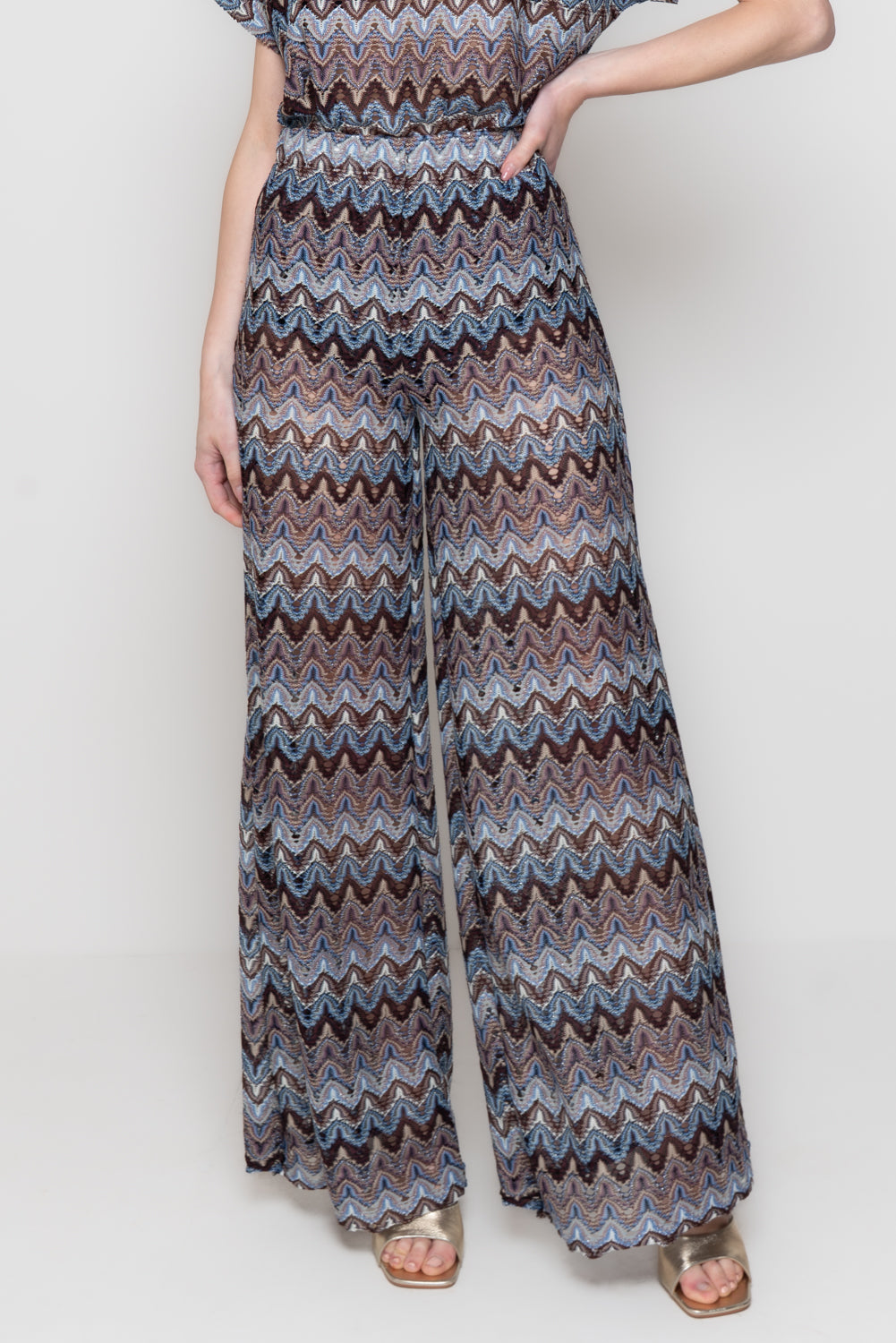 Pantaloni Palazzo in Maglia con Motivo Geometrico