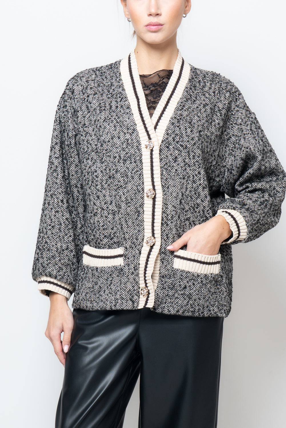 Giacca a cardigan in tessuto spigato