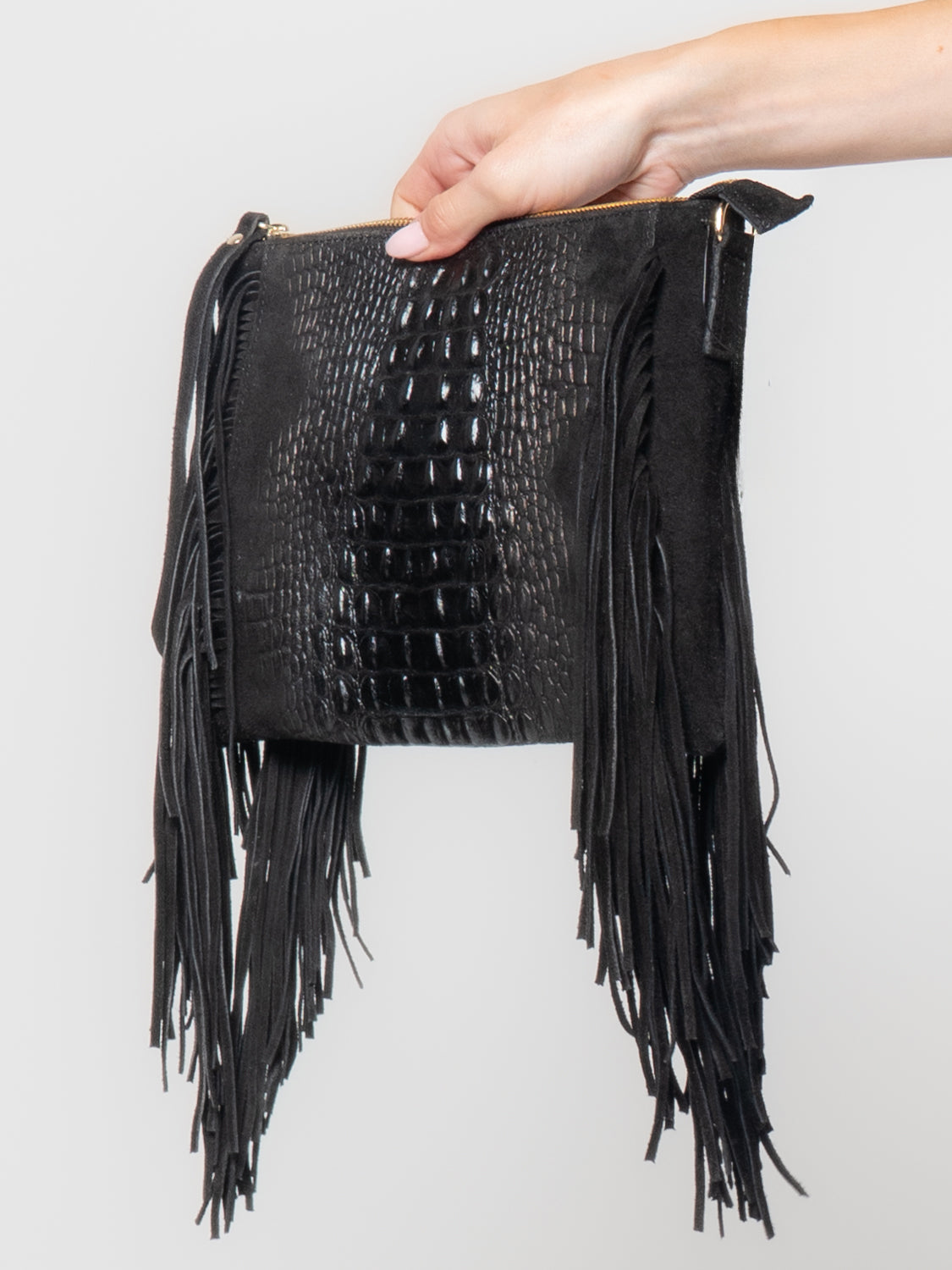 Pochette in pelle effetto coccodrillo con frange