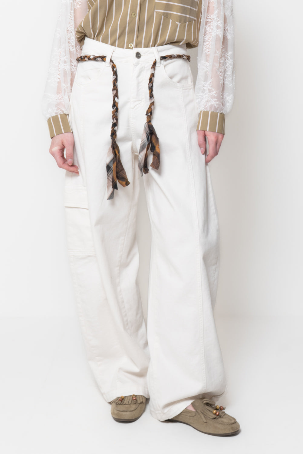 Pantalone Cargo Wide Leg con Cintura Intrecciata